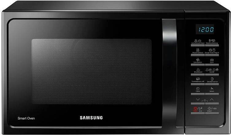 Černá mikrovlnná trouba značky Samsung s ovládáním.