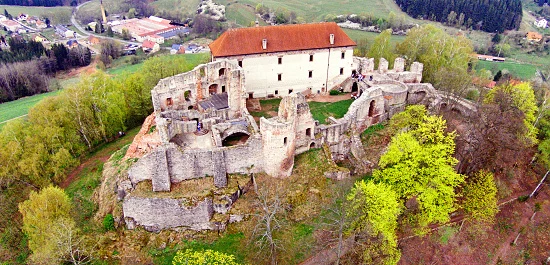 Zřícenina hradu Pečka s dochovanou věží na kopci