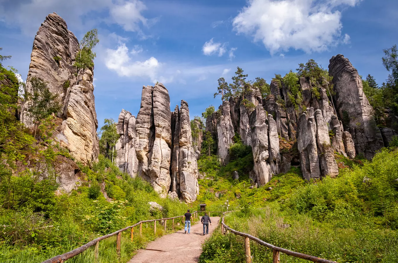 Skalní tvary v Saském Švýcarsku s cestou pro turisty.