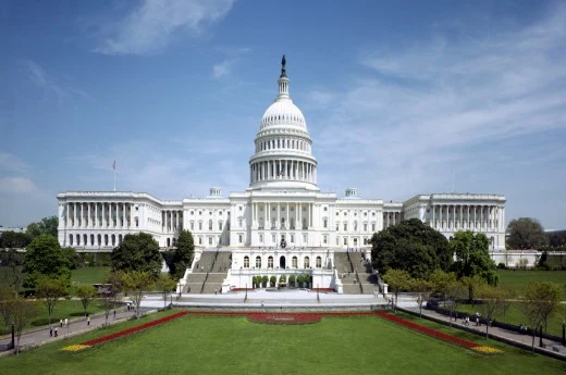 Bílý Kapitol v Washingtonu D.C. na modré obloze.
