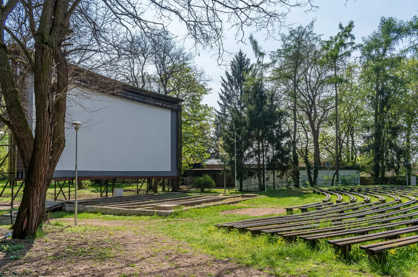 Venkovní kino s dřevěnými lavicemi a velkou plátnem uprostřed zeleného parku.
