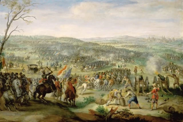 Historický obraz bitvy na Bílé hoře s jízdními vojsky.