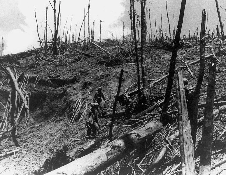 Američtí vojáci v zničené džungli během války ve Vietnamu.