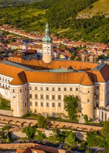 Pohled na hrad a město v Mikulově s vinicemi.