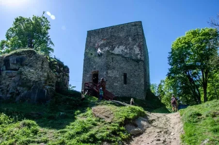 Ruiny hradu Frymburk s věží v přírodě