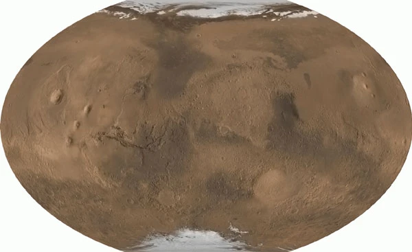 Celkový pohled na povrch planety Mars s polárními ledovci.