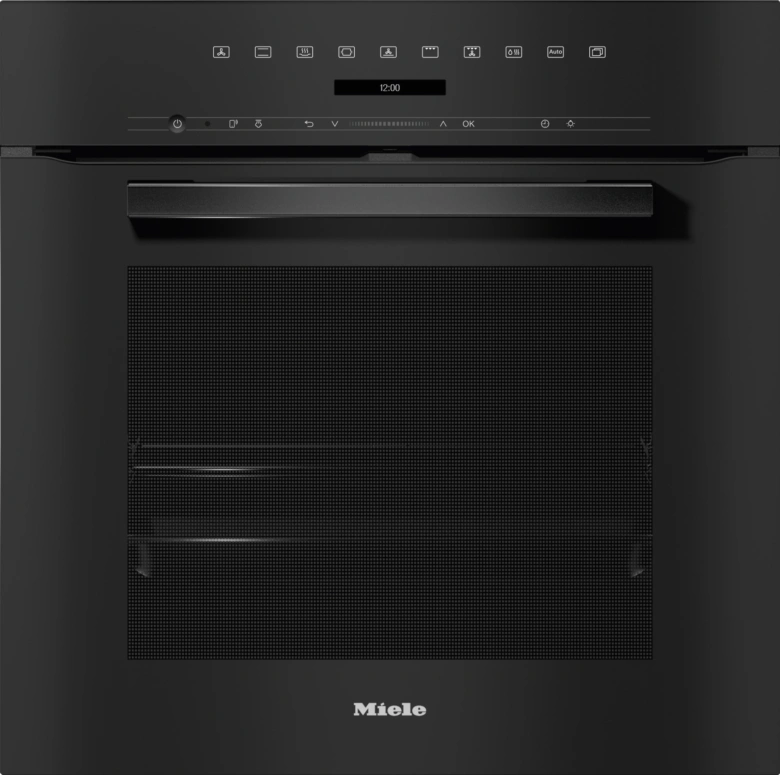 Černý konvektomat značky Miele pro domácí použití s digitálním displejem.