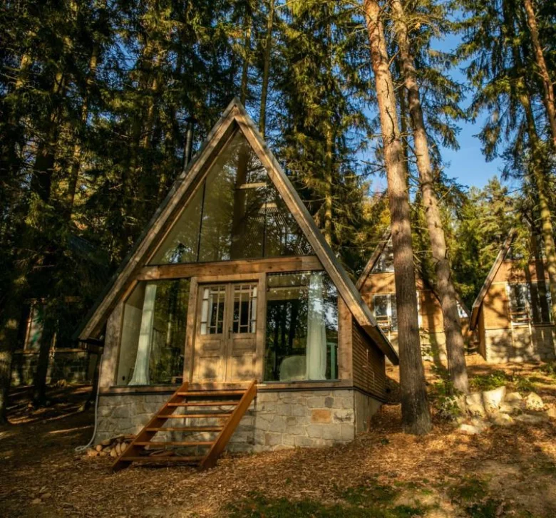 Modernní dřevěná chatka v lese pro glamping.