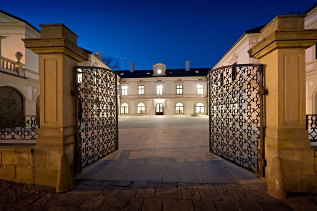 Historic palace courtyard at night