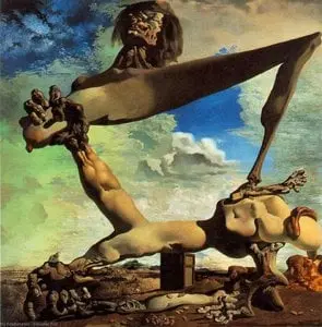 Surrealistické malby Salvadora Dalího s deformovanými postavami.